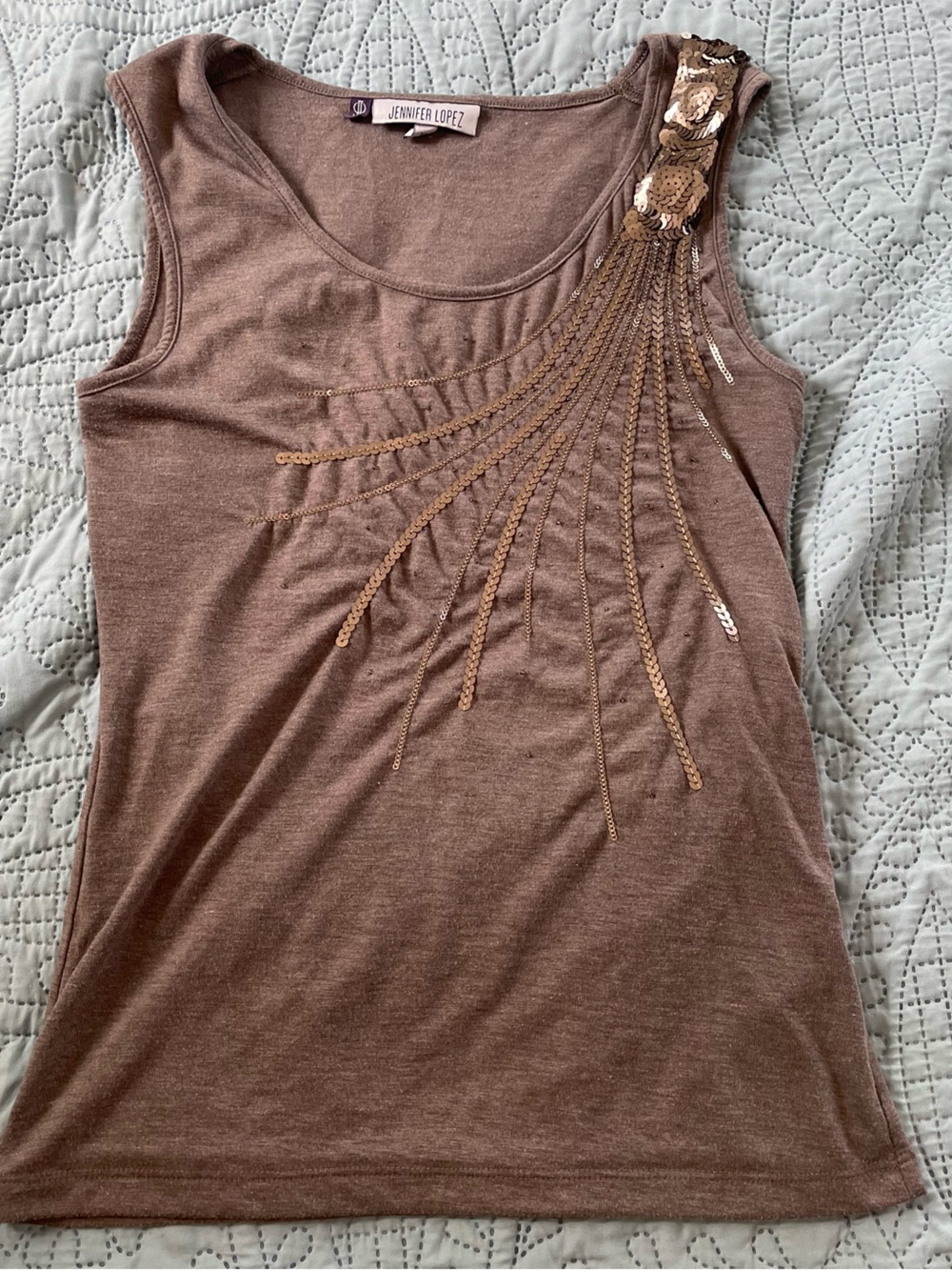 Jennifer Lopez Brown Tank with Gold Sequin Embellishment